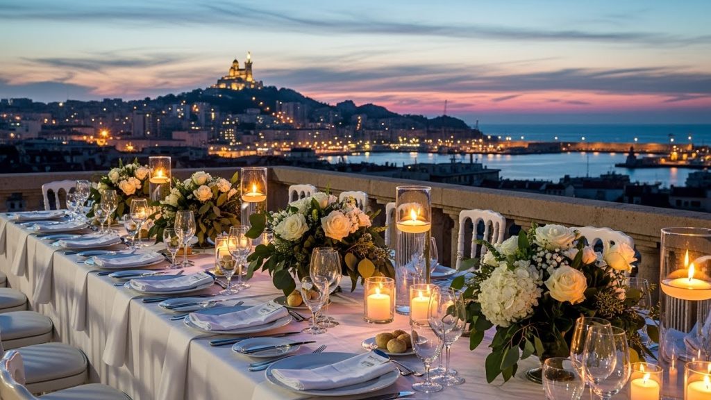 Traiteur mariage à Marseille : top 10 des lieux incontournables 2 Table de dîner OPTRAITEUR élégante avec vue sur la ville illuminée au crépuscule