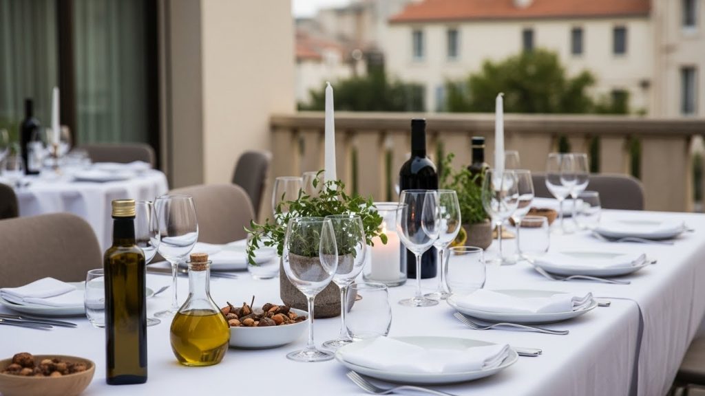 Traiteur Marseille 13008 : sélection des meilleures options 2 OPTRAITEUR Table dressée avec élégance en terrasse, décorée d'éléments naturels OPTRAITEUR