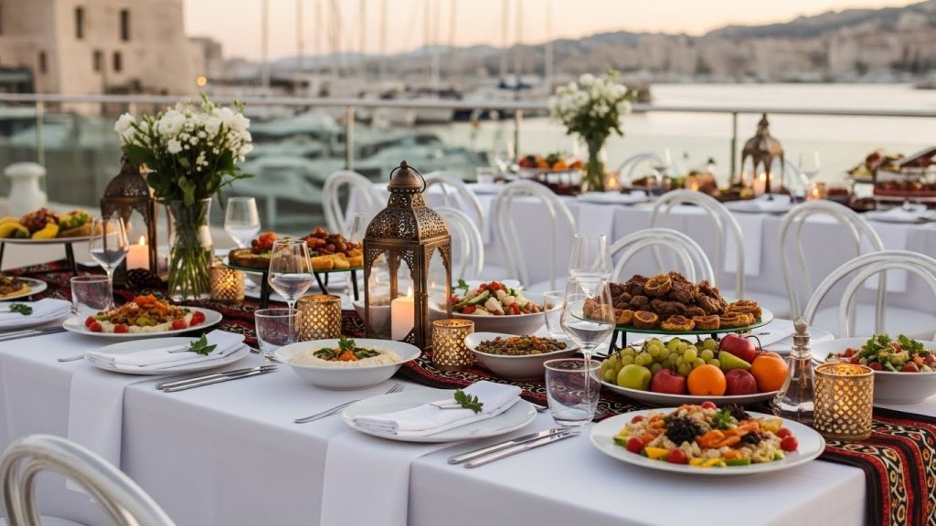 Traiteur halal à Marseille : nos adresses favorites en 2025 2 OPTRAITEUR Table élégamment dressée avec vue sur le port, lanternes et plats variés