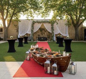 Buffet présenté dans un bateau en bois sur un tapis rouge, entouré de tables hautes et de décorations lumineuses, optraiteur.fr