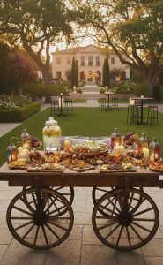 Buffet disposé sur une charrette dans un jardin devant une grande maison.