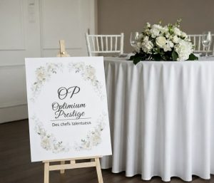 Table ronde dressée avec une nappe blanche et centre floral, à côté d'un panneau Optimum Prestige.
