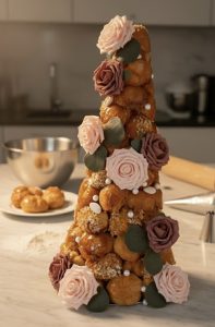Pièce montée en choux décorée de fleurs en sucre sur une table de cuisine.