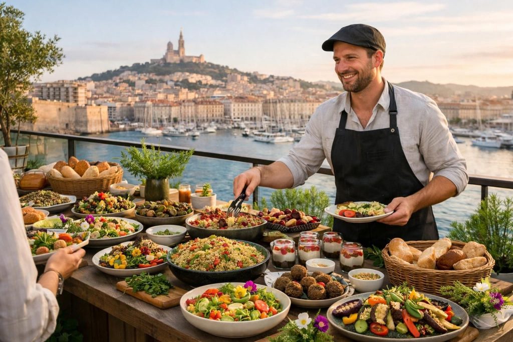 Table remplie de plats végétaliens colorés avec vue sur le port de Marseille, homme servant de la nourriture.