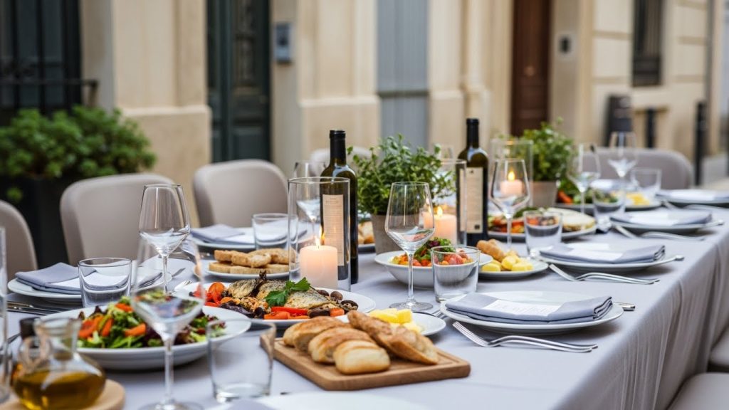 OPTRAITEUR Table extérieure avec plats variés, bougies et vin