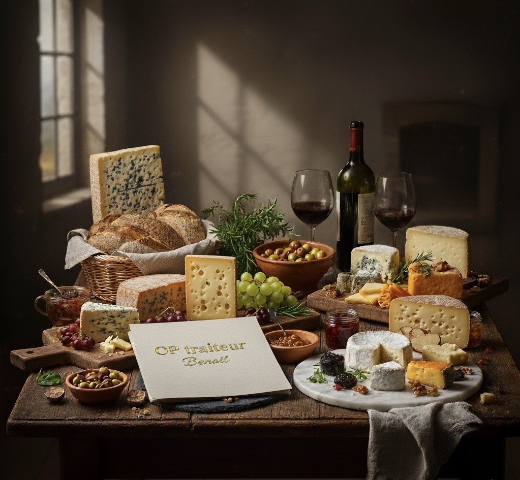 Particuliers 4 Table avec assortiment de fromages, pain et vin rouge, décorée de raisins et noix.