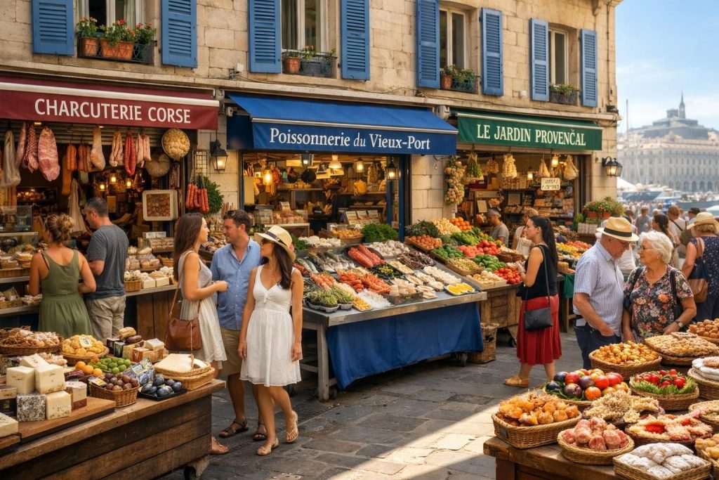 Scène de marché animé à Marseille avec étals de fruits, légumes, charcuterie et poissonnerie, entourés de plusieurs personnes.