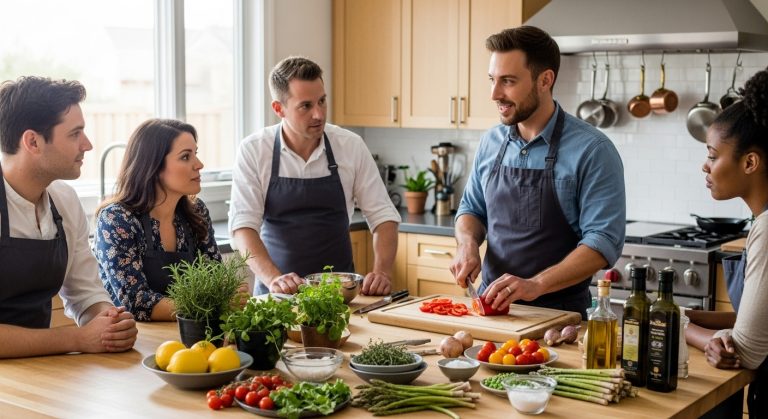 Ateliers culinaires à domicile 2 Cinq personnes en tablier discutant autour d'une table de cuisine avec des légumes et des herbes.