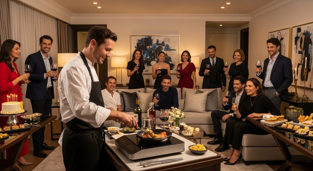 Ateliers culinaires à domicile 3 Un chef prépare un plat devant un groupe de personnes souriantes dans un salon élégamment décoré.