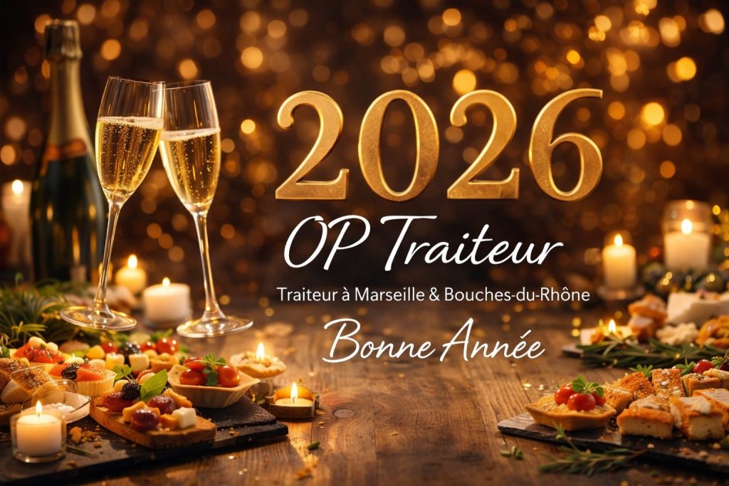 Deux verres à champagne et amuse-bouches sur une table en bois, avec des bougies allumées et des chiffres 2026 dorés en arrière-plan.