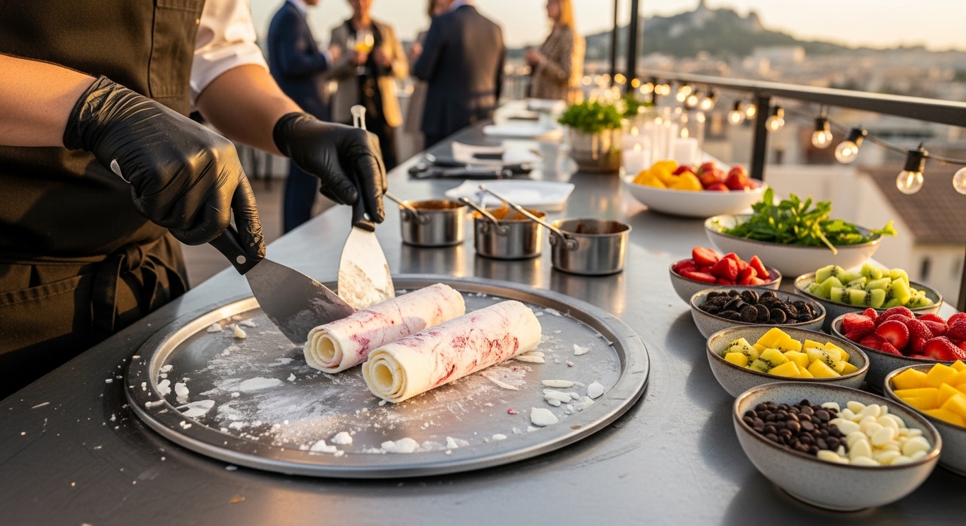 Atelier Ice rolls à domicile 1 Personne préparant des rouleaux de crème glacée sur une plaque métallique avec des ingrédients variés en arrière-plan.