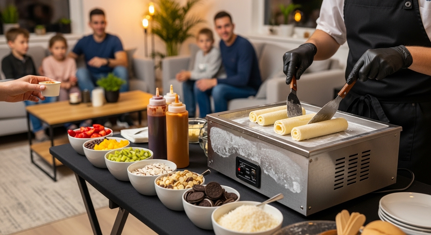 Atelier Ice rolls à domicile 2 Personne préparant des rouleaux glacés avec divers ingrédients sur une table.