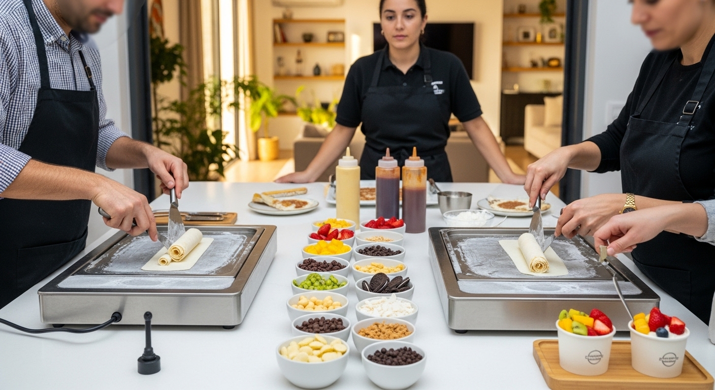 Atelier Ice rolls à domicile 3 Trois personnes en tabliers préparent des rouleaux glacés sur des plaques réfrigérées, entourées de divers ingrédients dans des bols blancs.
