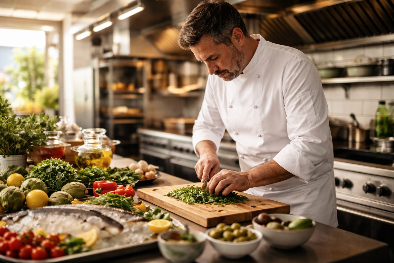 Comment choisir son traiteur à Marseille : le guide complet 4 Chef cuisinier préparant des plats frais avec des produits locaux Provence en cuisine professionnelle