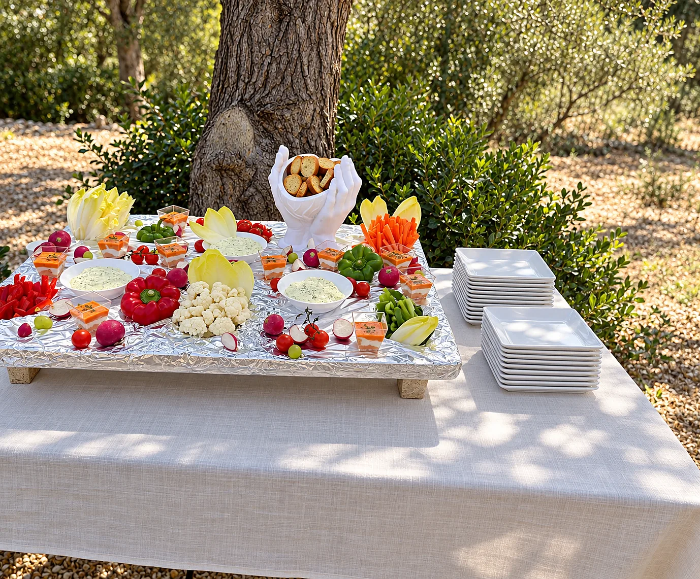 Buffet de crudités pour réception de mariage en plein air sous les pins