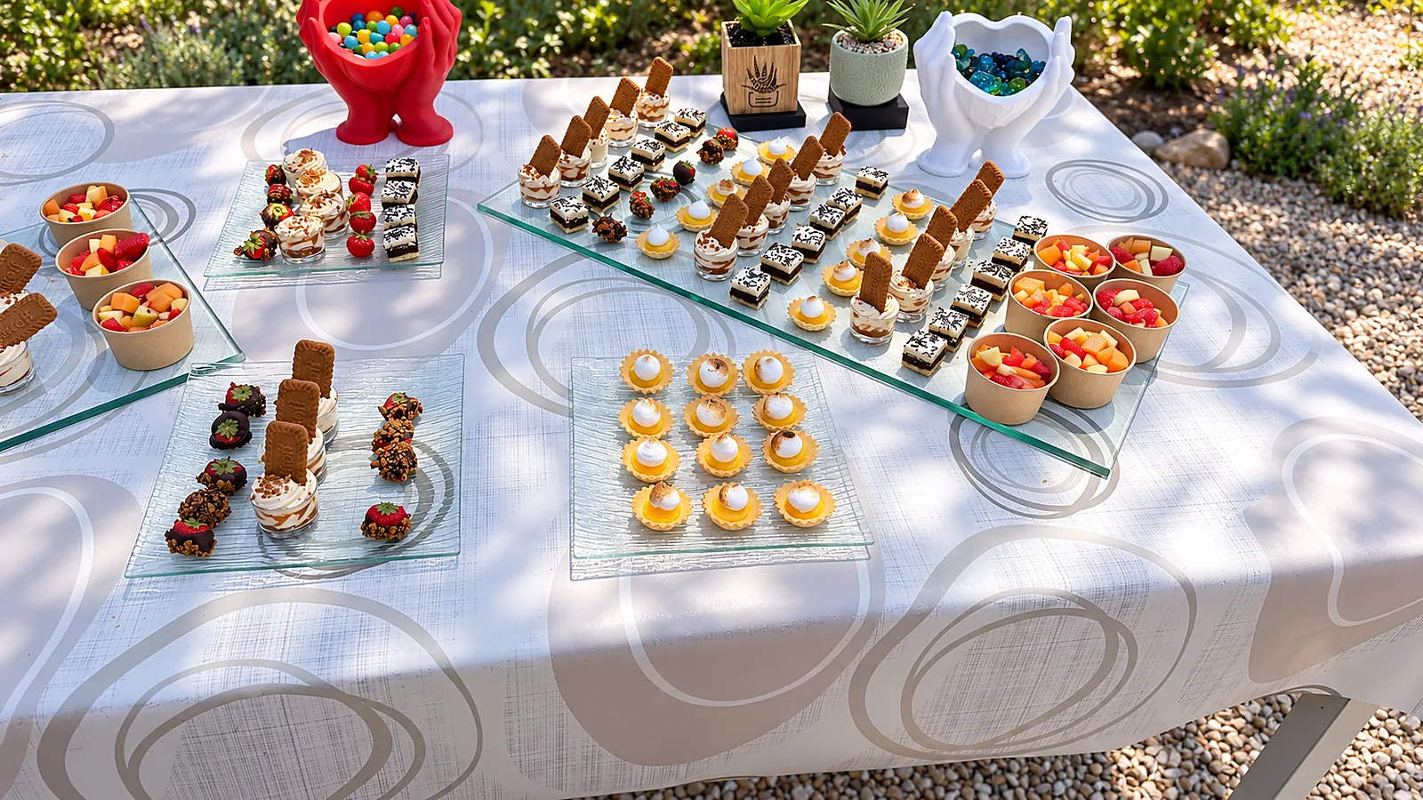 Buffet de desserts pour réception en extérieur dans un jardin provençal