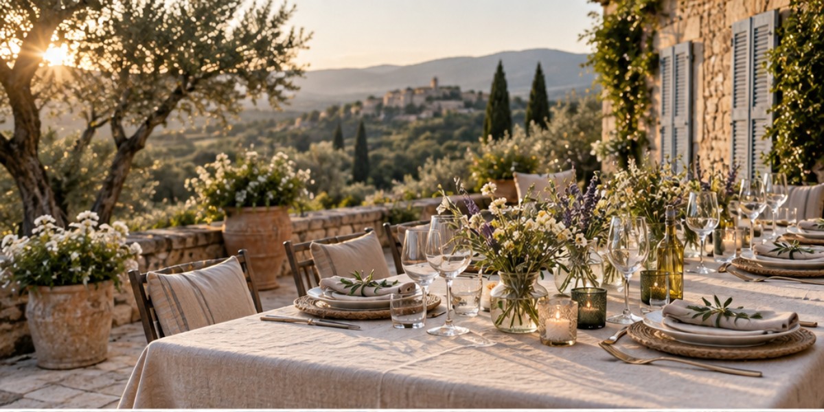 Traiteur à Allauch 1 Table de réception dressée en extérieur sur une terrasse de bastide à Allauch