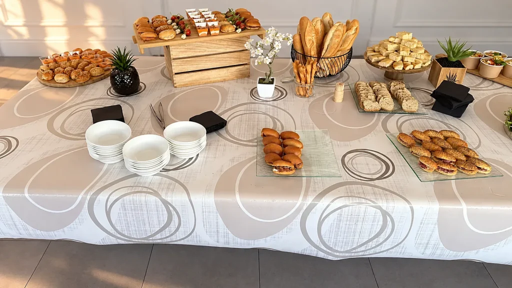 Buffet salé de cocktail d'entreprise : pains, fromages et mini-sandwiches par OPTraiteur