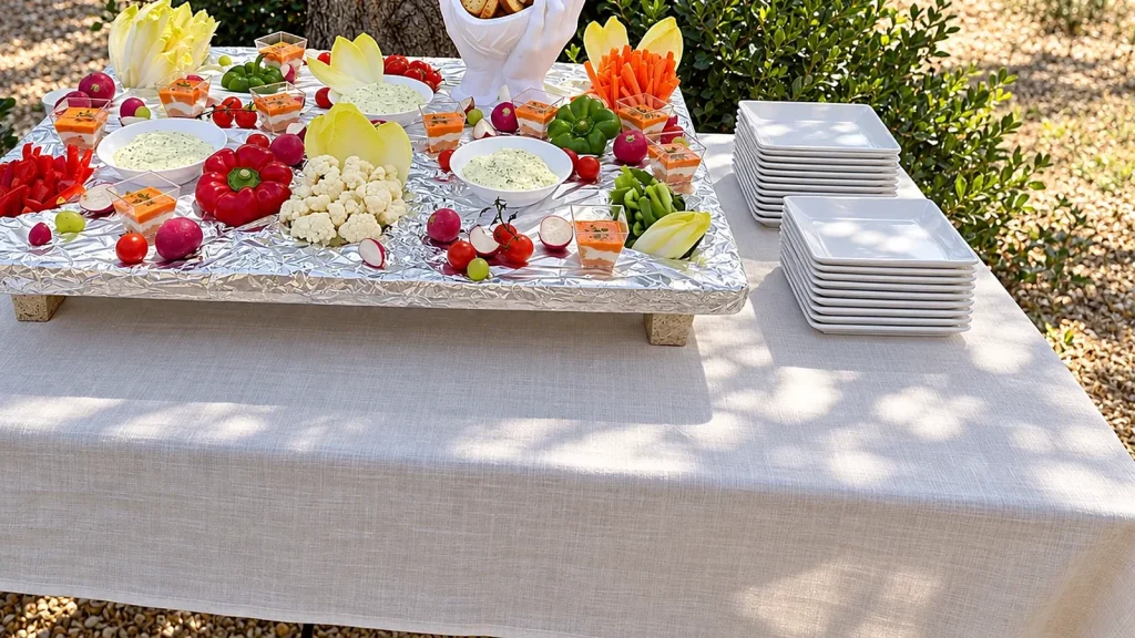 Traiteur mariage à Marseille : top 10 des lieux incontournables 2 Buffet de crudités pour réception de mariage en plein air sous les pins