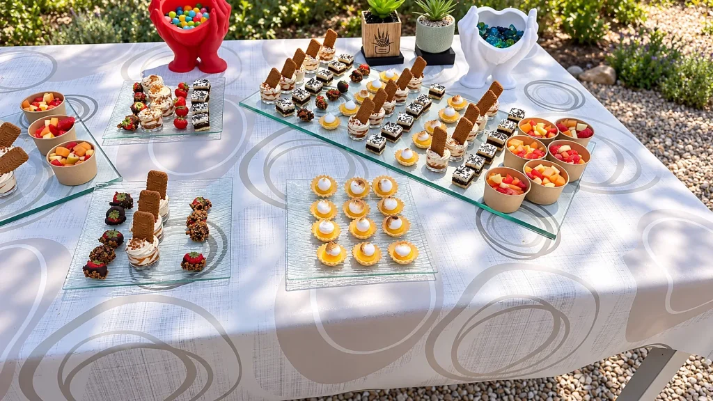 Buffet de desserts pour réception en extérieur dans un jardin provençal