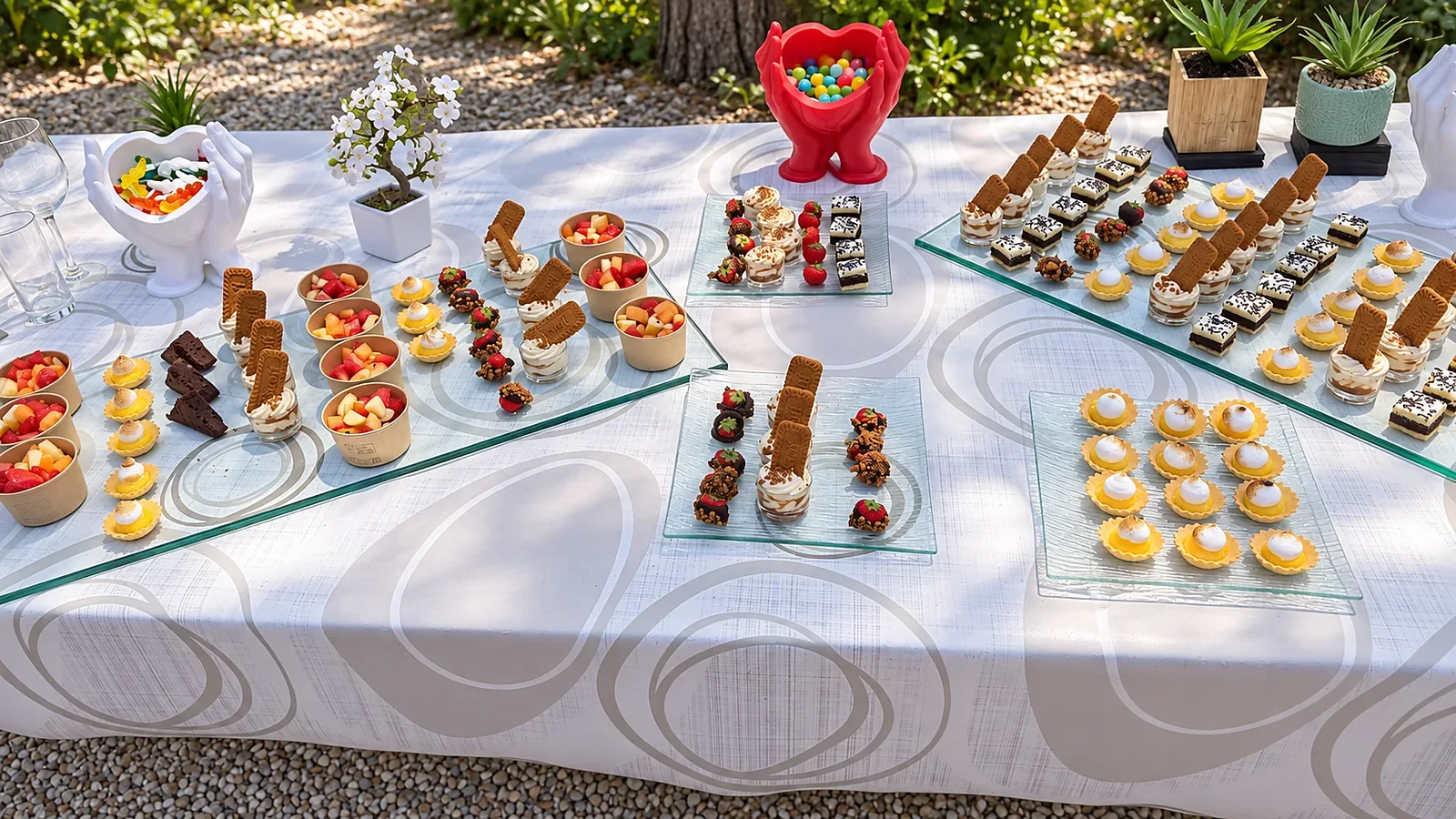 Buffet sucré avec verrines de fruits et mignardises pour réception