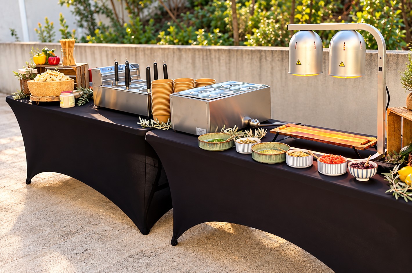 Menu de mariage champêtre, élégance ou prestige : quelle formule choisir 2 Bar à pâtes dressé en terrasse par OPTraiteur pour un repas d’entreprise : cuiseur à pâtes, bain-marie et garnitures en coupelles